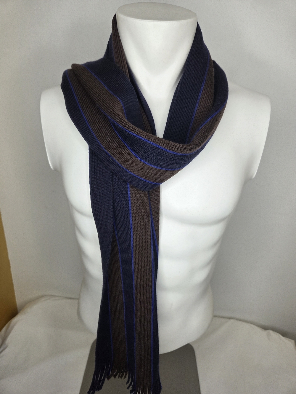 Paul Smith Navy, Brown & Blue Striped Wool Scarf For Men - Picture 4 of 8